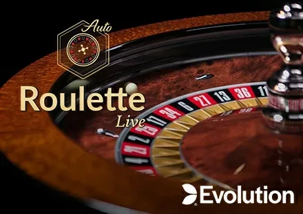 Portada de Auto-Roulette de Evolution: primer plano de una rueda de ruleta en vivo, sin crupier