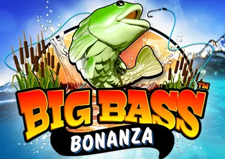 Portada de la tragamonedas Big Bass Bonanza de Pragmatic Play: un pez verde salta del agua enganchado a una caña