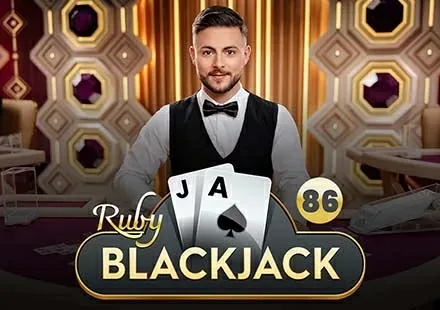 Portada de Blackjack 86 de Pragmatic Play Live: un crupier con 2 cartas de blackjack