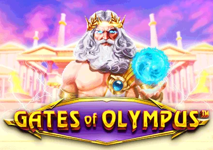 Portada de la tragamonedas Gates of Olympus de Pragmatic Play: Zeus con una esfera de energía frente a un templo