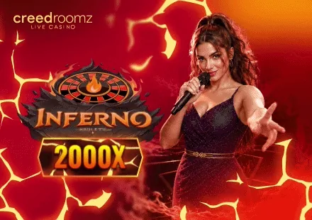 Portada de Inferno Roulette de CreedRoomz: una crupier con micrófono junto a la ruleta