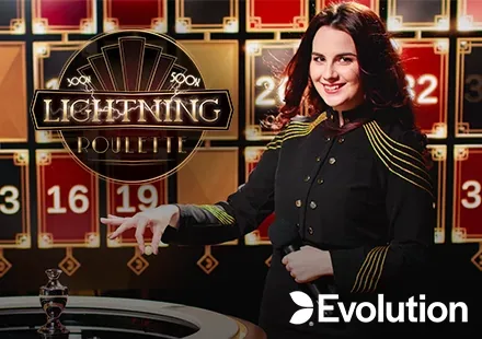 Portada de Lightning Roulette de Evolution: una crupier junto a la mesa de ruleta en vivo