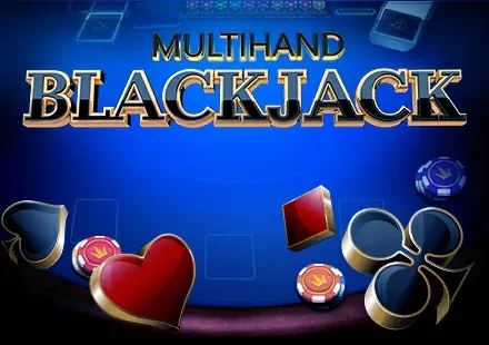 Portada de Multihand Blackjack de Pragmatic Play: el título sobre una mesa azul con fichas y los 4 palos