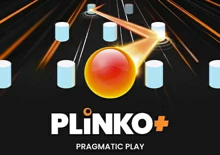 Portada de Plinko+ de Pragmatic Play: una bola naranja que cae entre clavos