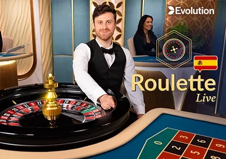 Portada de Ruleta en Español de Evolution: un crupier junto a la rueda y la bandera de España